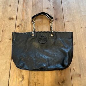 Tory Burch Black Marion Pebble Leather Bag with Gold Accents